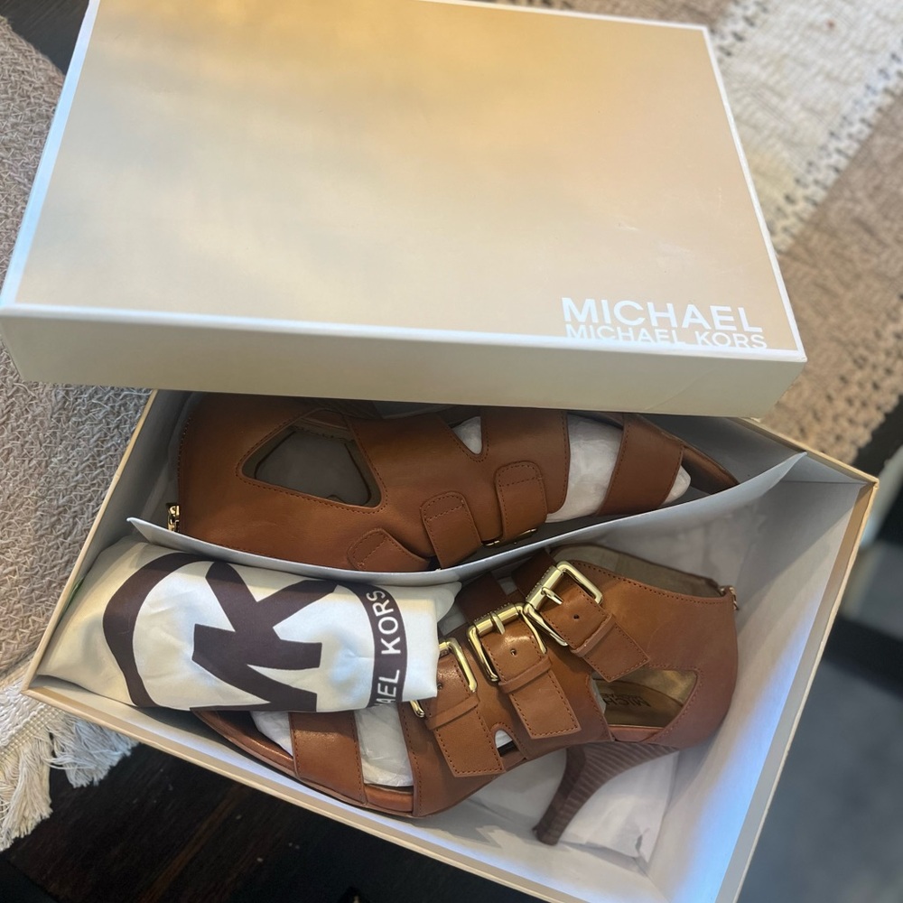 Michael Kors Tan Strappy Heels with gold accents